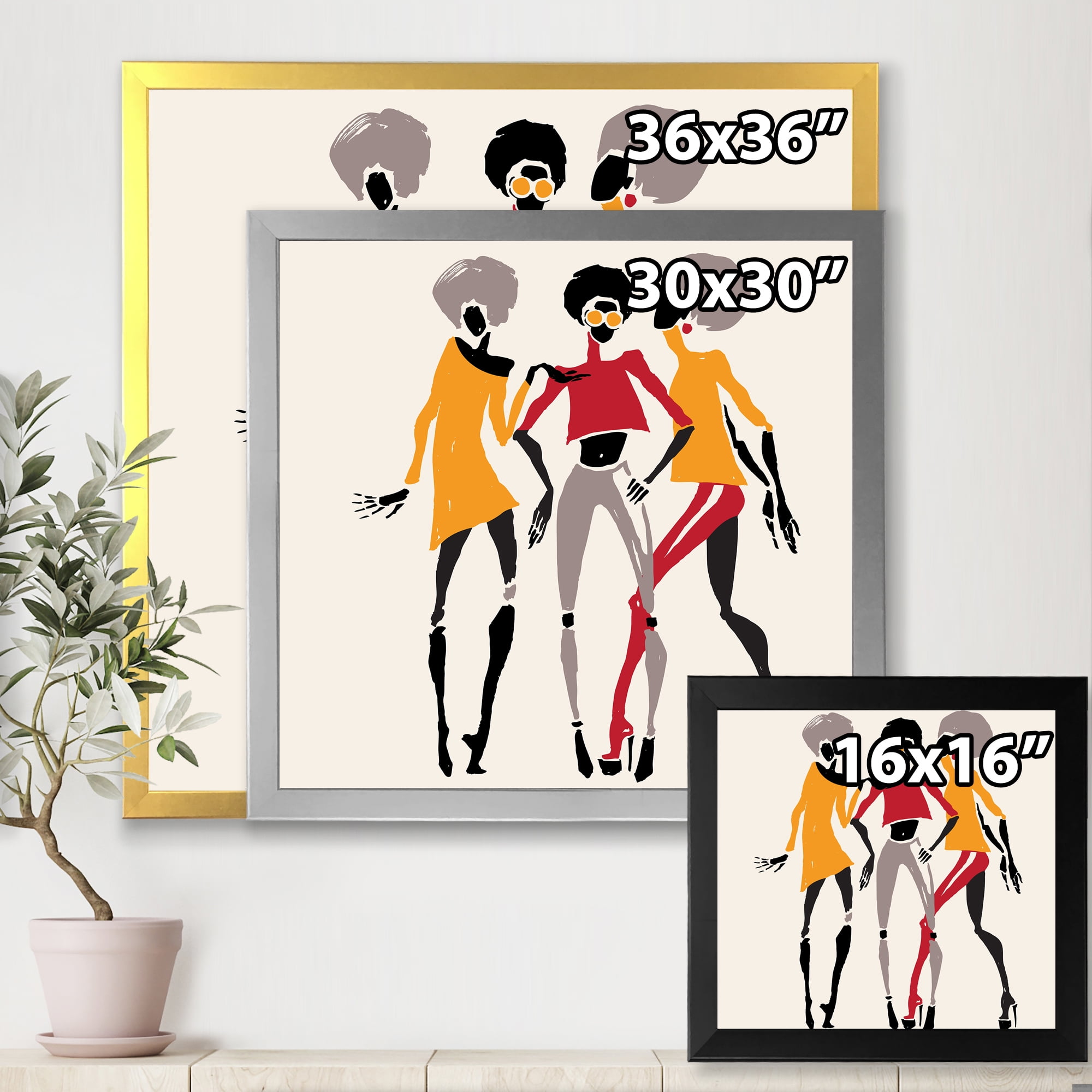 Designart 'African American Women Silhouettes Red and Yellow II' Modern Framed Art Print