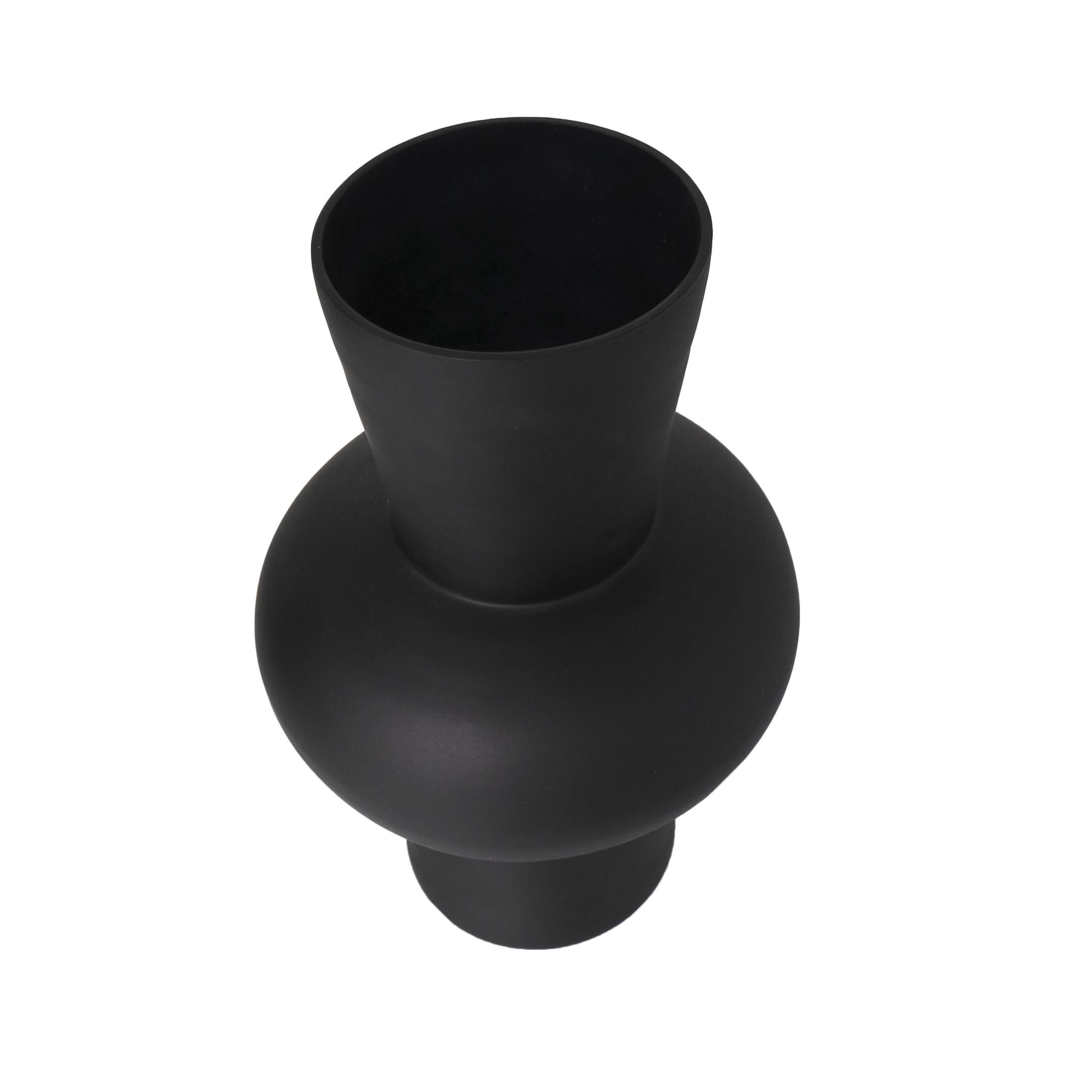 DecMode 12", 10"H Trumpet Black Glass Vase with Wide Rounded Center, Set of 2