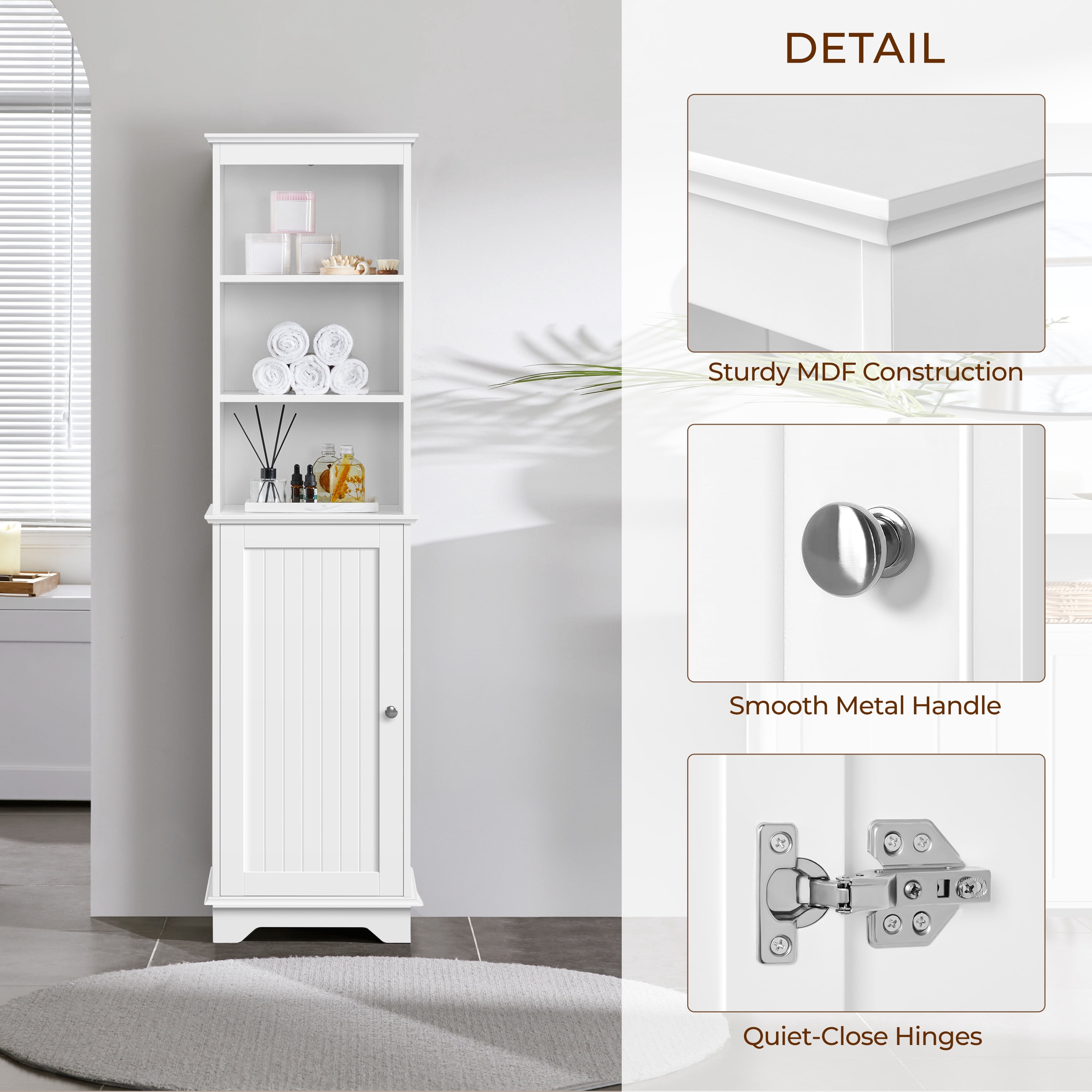 Alden Design Wooden Slim Bathroom Floor Cabinet for Small Space, White
