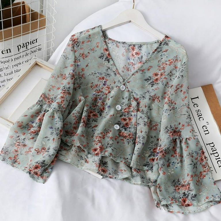 Chiffon Print Loose V- neck Long Sleeve Blouses Chiffon Print Loose V- neck Long Sleeve Blouses
