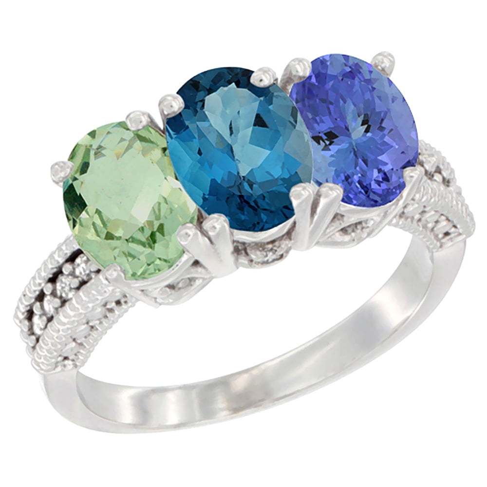 10K White Gold Natural Green Amethyst, London Blue Topaz & Tanzanite Ring 3-Stone Oval 7x5 mm Diamond Accent, sizes 5 10 by WorldJewels