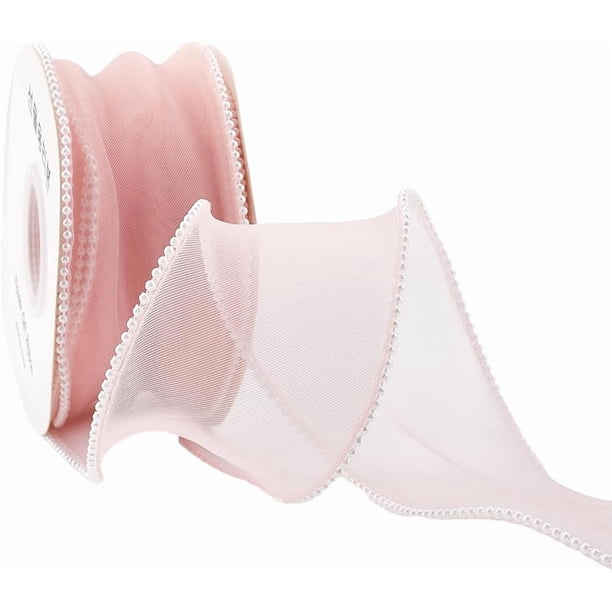 Rollo de cinta con borde de perla de 10 yardas y 2 3/8 pulgadas, organza rosa transparente, cuentas de gasa, malla, con carrete