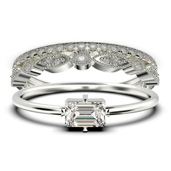 Beautiful Minimalist 1.70 Carat Baguette Cut Diamond Moissanite Engagement Ring, Classic Wedding Ring in 925 Sterling Silver With 18k White Gold Plating, Trio Set, Matching Band