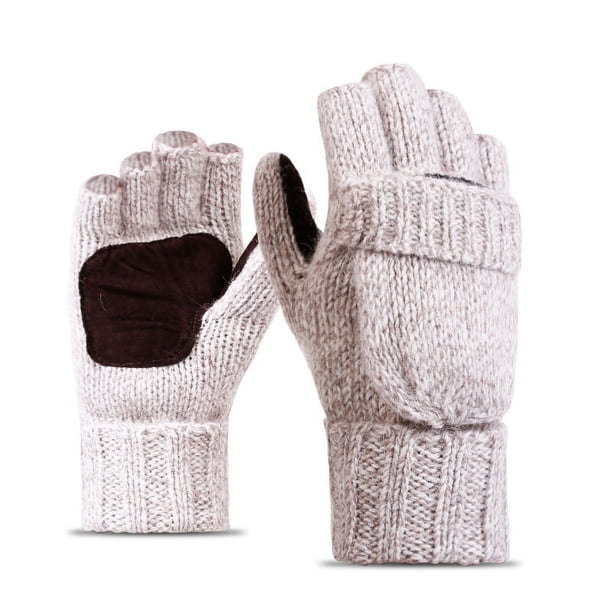 Guantes de punto de lana con medio dedo y funda abatible para hombres y mujeres, estilo invernal, forro polar de lana, cuero grueso para ciclismo, cálidos