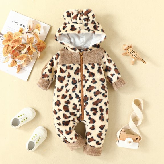 Yidarton 3-6M 2022 Winter Baby Leopard Print Stitching Long Sleeve Zipper Jumpsuit Mao Mao Hooded Climbing Suit Baby Jumpsuit Camel