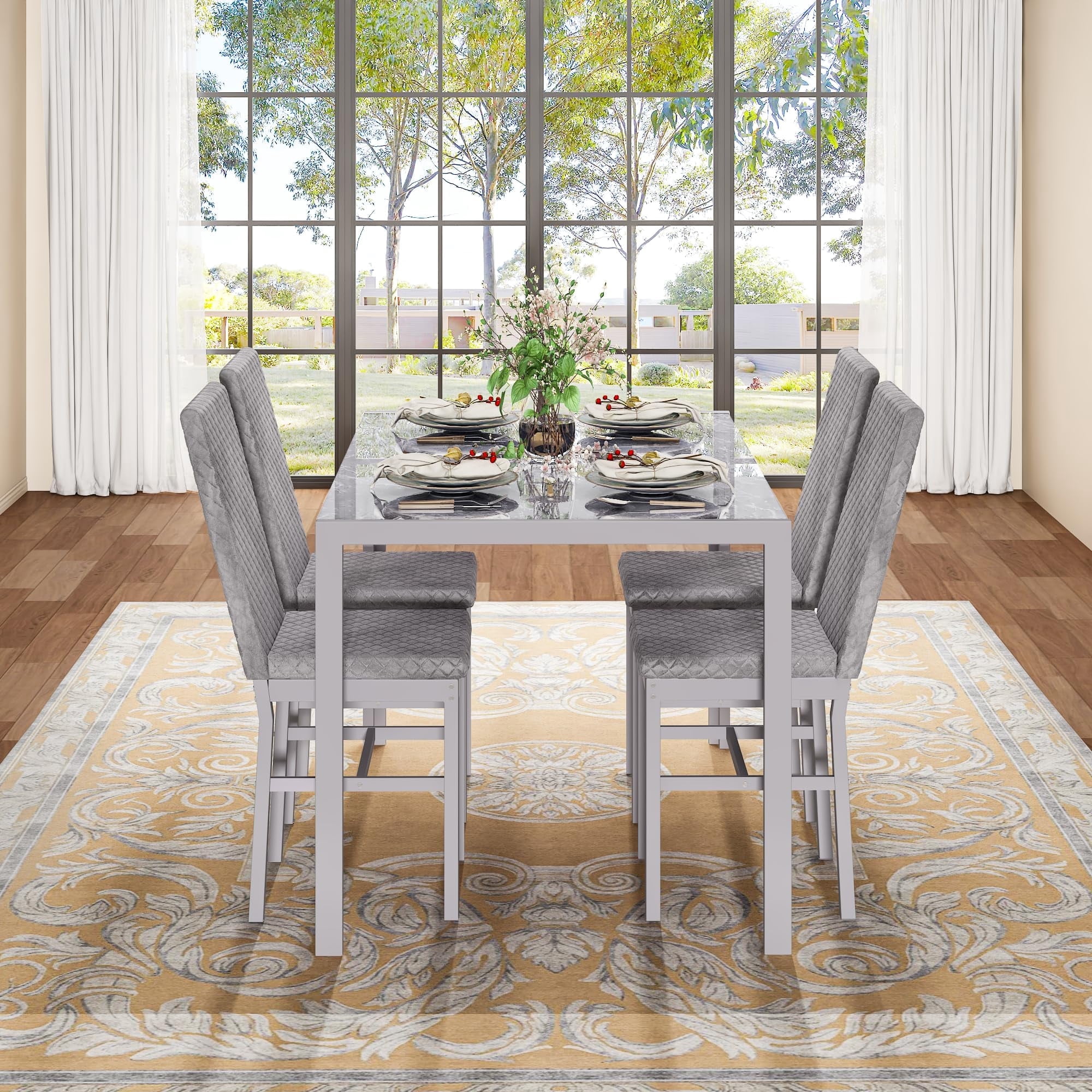 Baxluxe Dining Set for 4, Modern 5-Piece Dining Table Set, Metal Glass Dining Table and 4 PU Leather Upholstered Chairs for Apartments, Dining Rooms, Small Spaces, Gray
