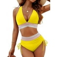thumbnail image 1 of Women Tummy Control Swimsuits Color Block Two Piece Drawstring Bathing Suit Yellow S, 1 of 7