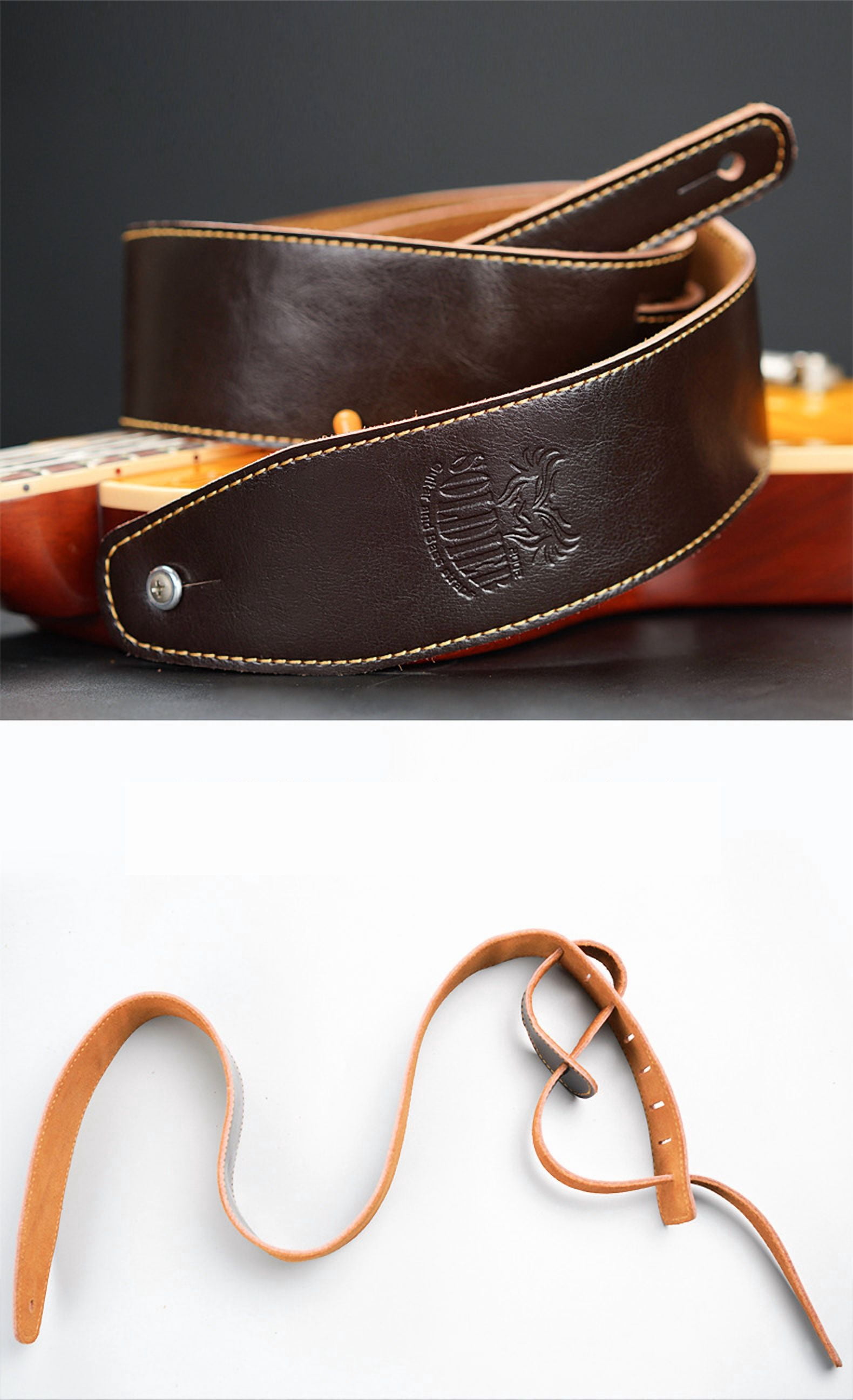Microseven Genuine Leather Acoustic Electric Bass Guitar Strap Adjustable 2.5" Wide Brown