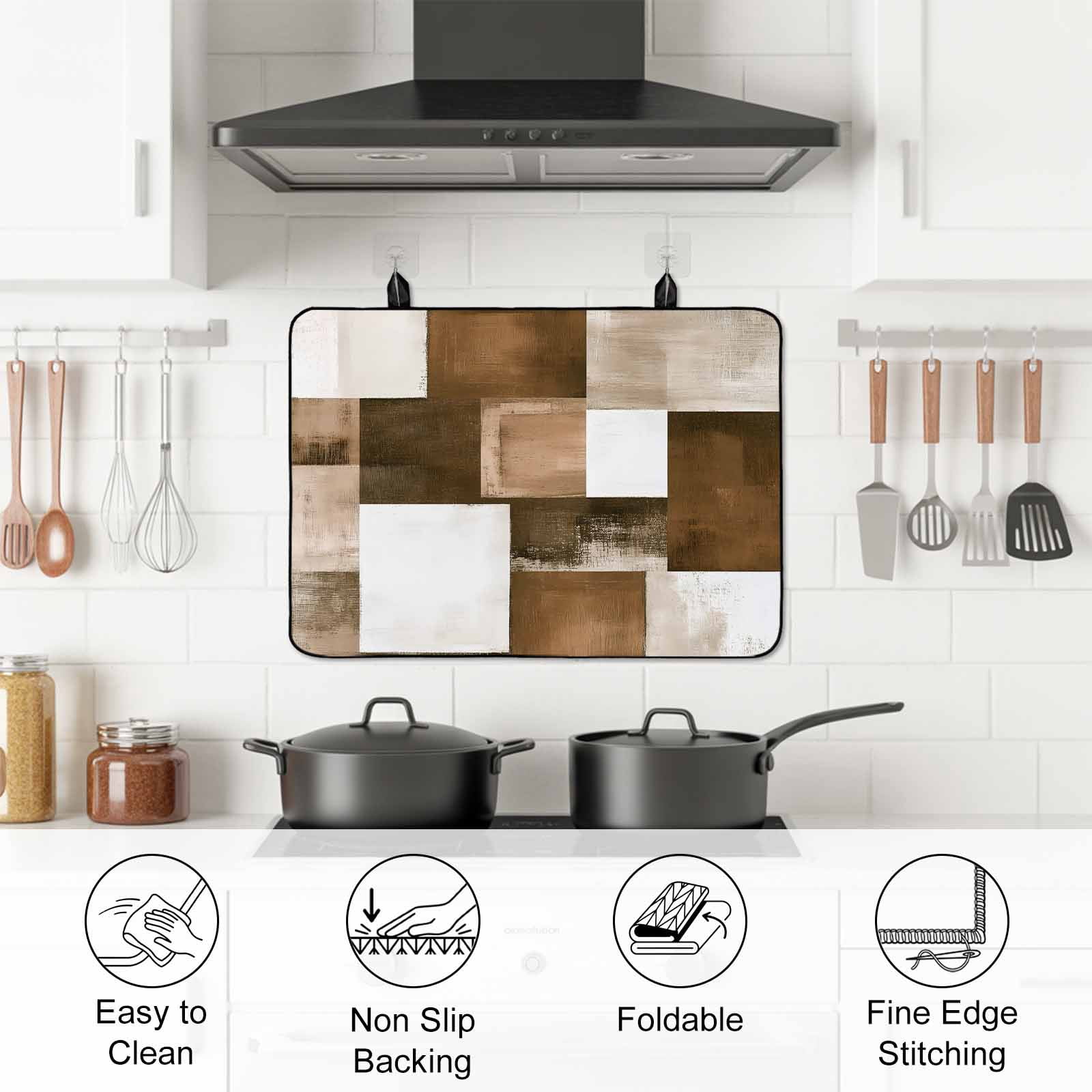Brown Geometric Stove Top Cover for Electric Stove, Heat-proof & Non Slip Glass Top Stove Cover Protector, Vintage Oil Painting Contemporary Kitchen Flat Cooktop Rubber Mat 24x21 Inches