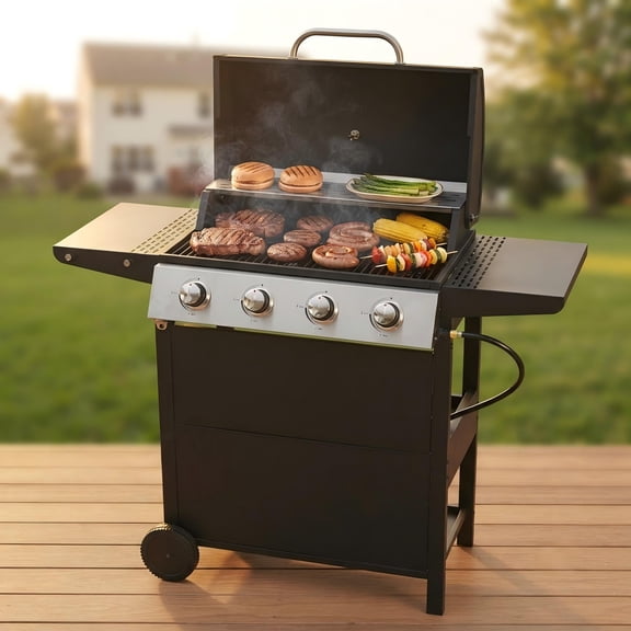 Fehomix 4-Burner Propane Gas Grill, 34,000 BTU Stainless Steel BBQ Grill with Side Shelves, Warming Rack, Thermometer & Wheels for Patio, Backyard & Garden