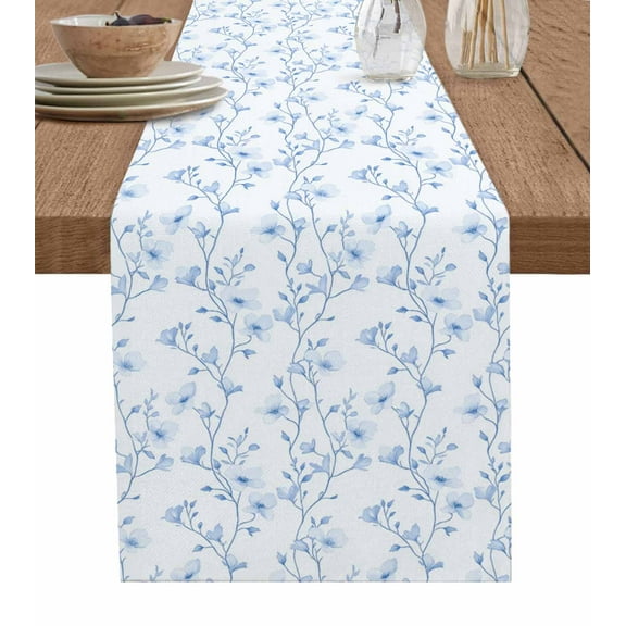 Table Runner 108 Inches Long for Kitchen Dining, Blue Spring Floral Dresser Scarf Farmhouse, Dining Table Decorations for Wedding/Parties, Elegant Watercolor Summer Botanical 13 x 108 In