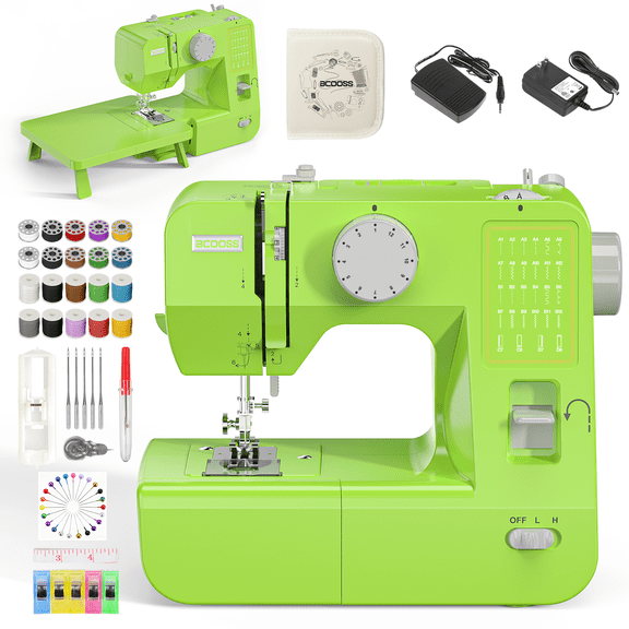 BCOOSS Portable Sewing Machine for Beginners Adults with Extension table and Accessory Kit ,28 Stitches,Green