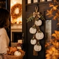 thumbnail image 6 of Distressed White Wooden Pumpkin Wall Hanging, 5‑Piece Graduated‑Size Pumpkin Swag with Plaid Bow & Eucalyptus, Farmhouse‑Inspired Seasonal Decor for Porch and Entryway, 6 of 6
