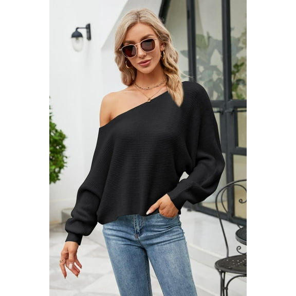 Boat Neck Horizontal Ribbing Dolman Sleeve Sweater