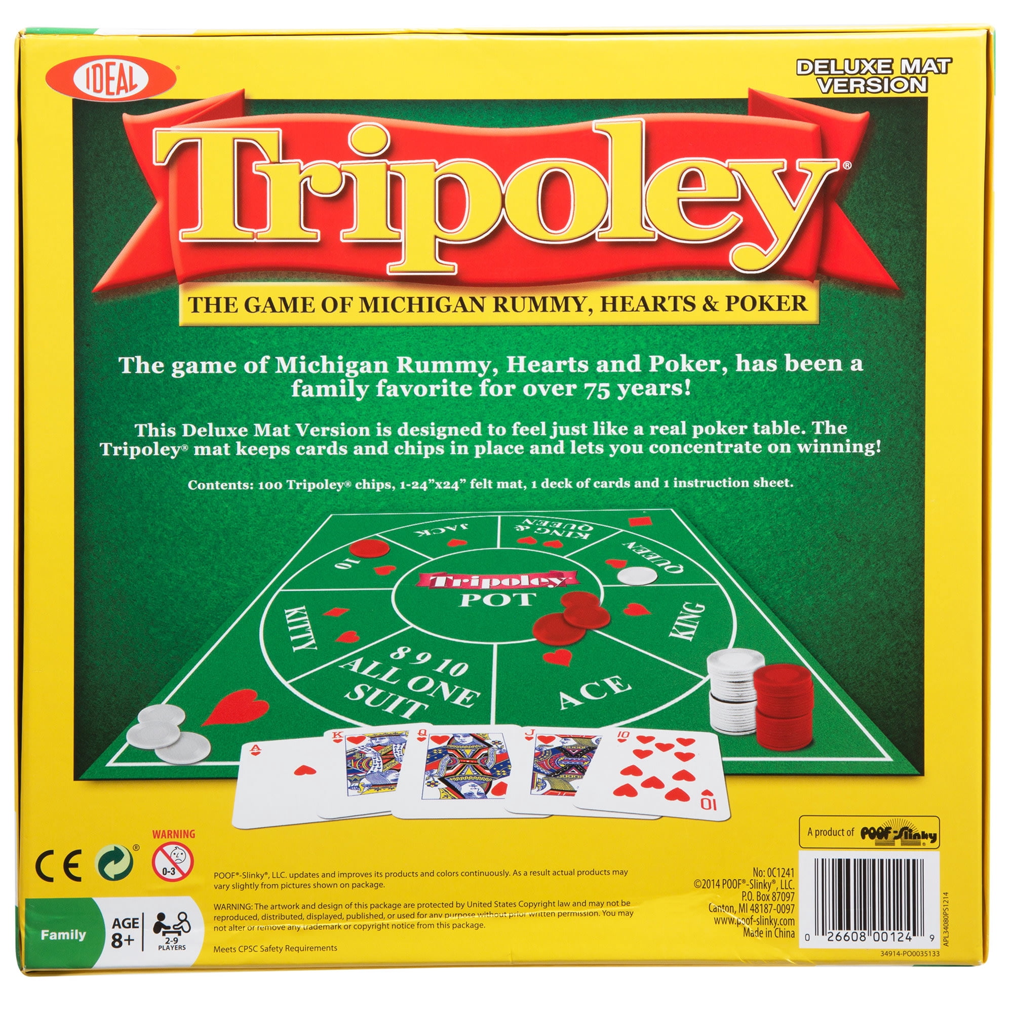 Alex: Ideal: Tripoley Deluxe - The Game Of Michigan Rummy, Hearts & Poker - Deluxe Felt Mat, Family Card & Token Game, Adults Kids Age 8+, 2-9 Players