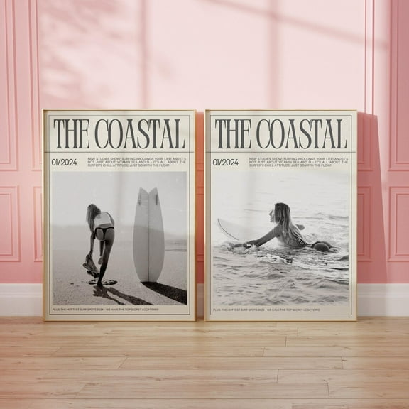 Luvia Coastal Magazine Set Of 2 Prints Beachy Surfer Girl Preppy Coastal Room Decor Vintage Surf Poster Trendy Newspaper, Modern Wall Decor Set 2 Prints 8x12 UNFRAMED