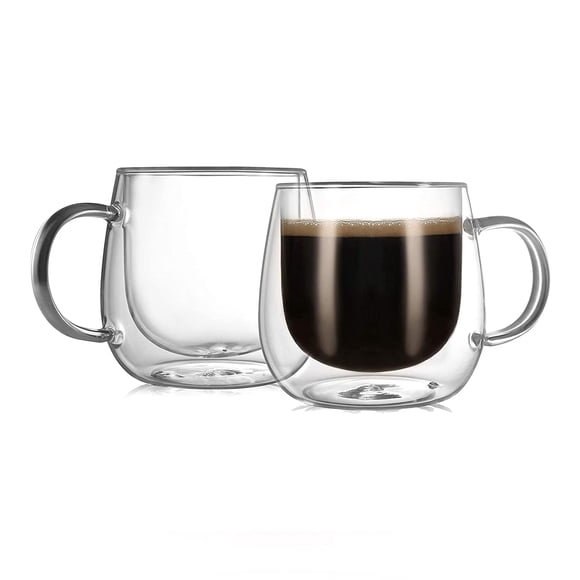 CnGlass Double Walled Glass Coffee Mugs 10oz,Large Insulated Espresso Cups,Set of 2 Clear Glasses Cappuccino Mug with Handle(Tea Latte Glassware)