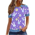 thumbnail image 4 of Easter Day Shirts for Women Denim Patchwork Eggs Rabbit Print Plus Size Short Sleeve T-shirt Holiday Tops (2XL, Purple), 4 of 6