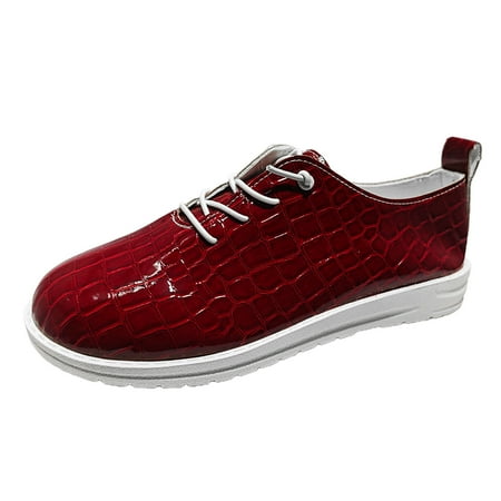 OJSFQUFP Womens Casual Shoes Ladies Fashion Solid Stone Pattern Bright Leather Lace Up Flat Bottom Casual Shoes Flats for Work Red 39