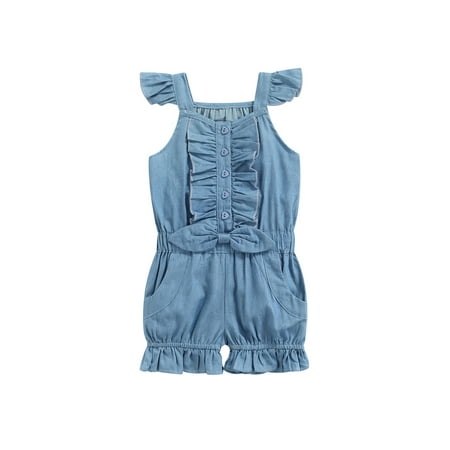 

Canrulo Summer Lovely Kids Girls Jumpsuits Ruffles Fly Sleeve Solid Button Denim Cute Romper Clothes Blue 2-3 Years