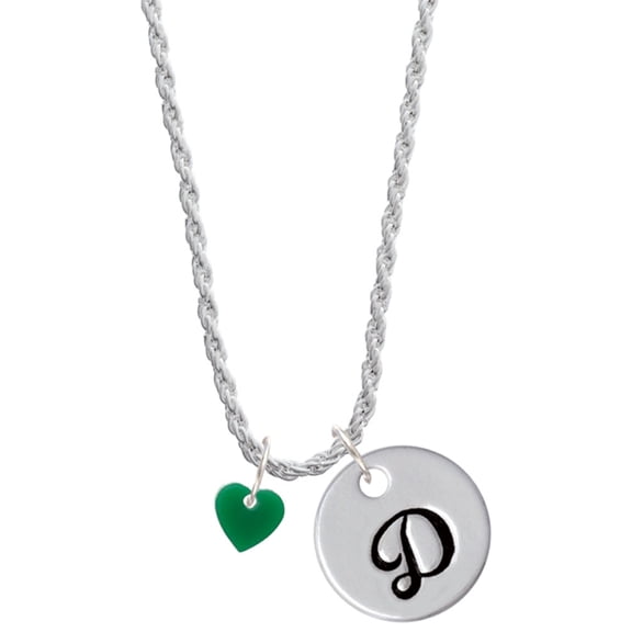 Delight Jewelry Acrylic 5/16" Green Heart Silvertone Script Initial Disc - D - Charm Necklace, 20"+3"
