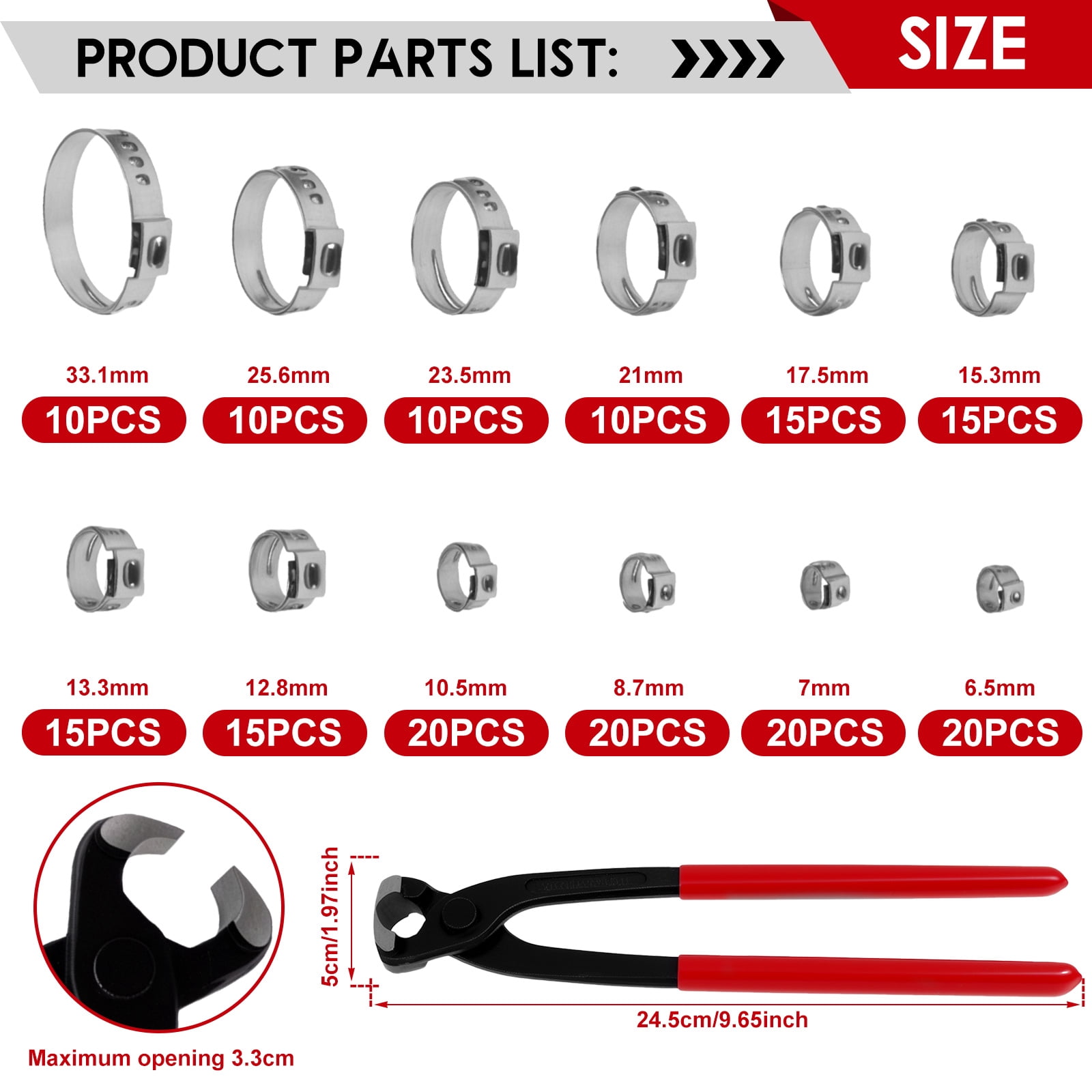 AEVXKHI 180PCS Single Ear Hose Clamps, 6.5 to 33.1mm 12 Sizes, 304 Stainless Steel Crimp Hose Clamps with Pincer for Automotive Pipe Industrial Use