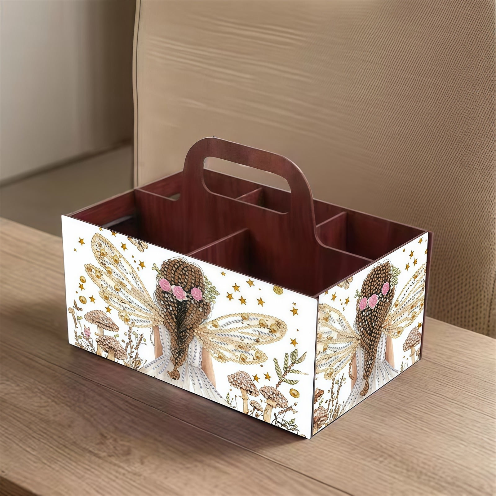 FLOPESN DIY Fairy Diamond Art Painting 5 compartments Wooden Storage Box, 9.44*8.14in, Practical Rectangular Assembly Portable Multi-Grid Box
