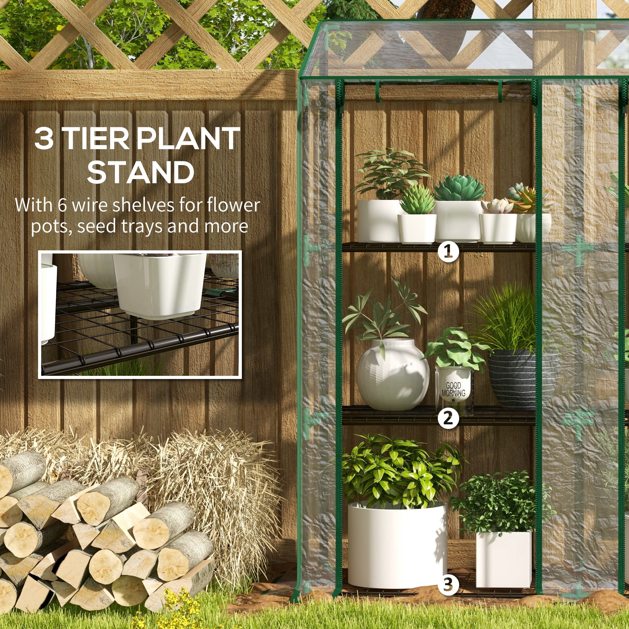 Outsunny 3 Tier Lean-to Greenhouse with 2 Roll-Up Zippered Doors, Transparent Plastic Cover, Portable Small Greenhouse, Clear