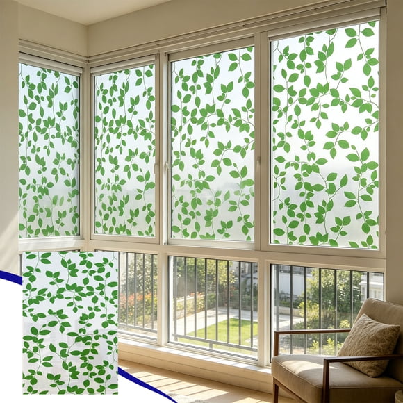 CQCYD Leaf Stained Glass Window Film, Decorative Privacy Static Cling Cover, Sun Blocking Removable Vinyl Sheet, Heat Control Tint for Home Bathroom and Office Window