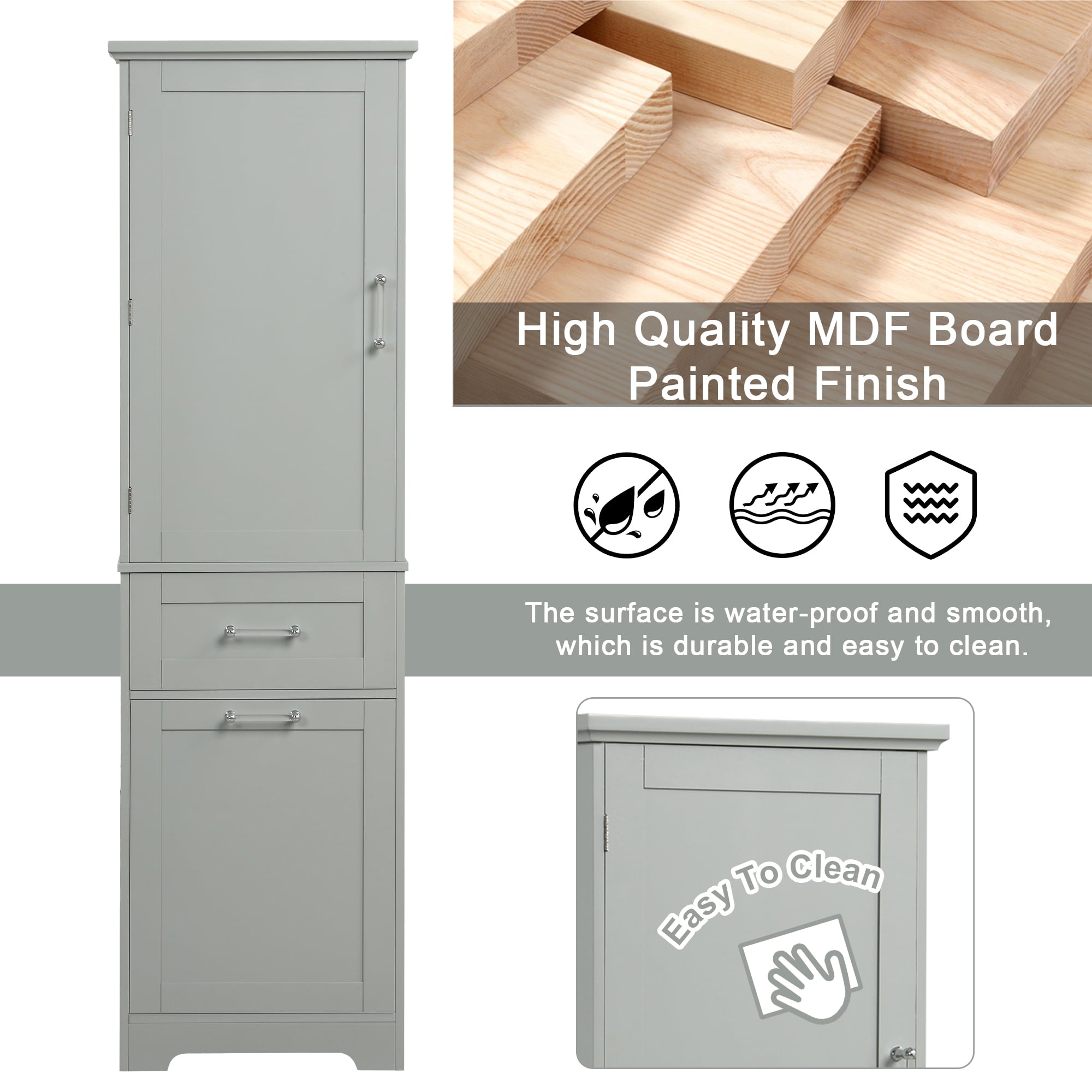ALEXLOGER 68.1"/68.4" Tall Bathroom Storage Cabinet with 1 Door and 2 Drawers, Freestanding Linen Cabinet, Wooden Pantry with Adjustable Shelf for Kitchen, Bathroom, Living Room