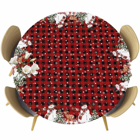 Christmas Round Tablecloth, Fitted Table Cover with Elastic for 36"-44" Round Tables, Buffalo Plaid Cute Snowman Xmas Tree Elk Snowflakes Table Cloth Outdoor Dinning Party Waterproof Tablecloths