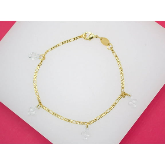 18K Gold Filled Dangle Clear CZ Leaf Clover Figaro Bracelet