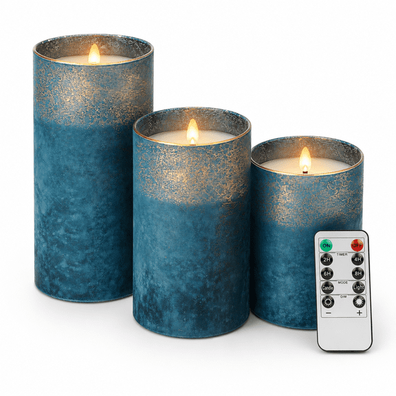 ANGELLOONG Blue Glass Flameless Pillar Candles with Remote Timer, Flickering LED Candles for Room Home Holiday Decor Set of 3