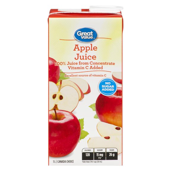 Jus pomme 100% pur fait de concentré Great Value