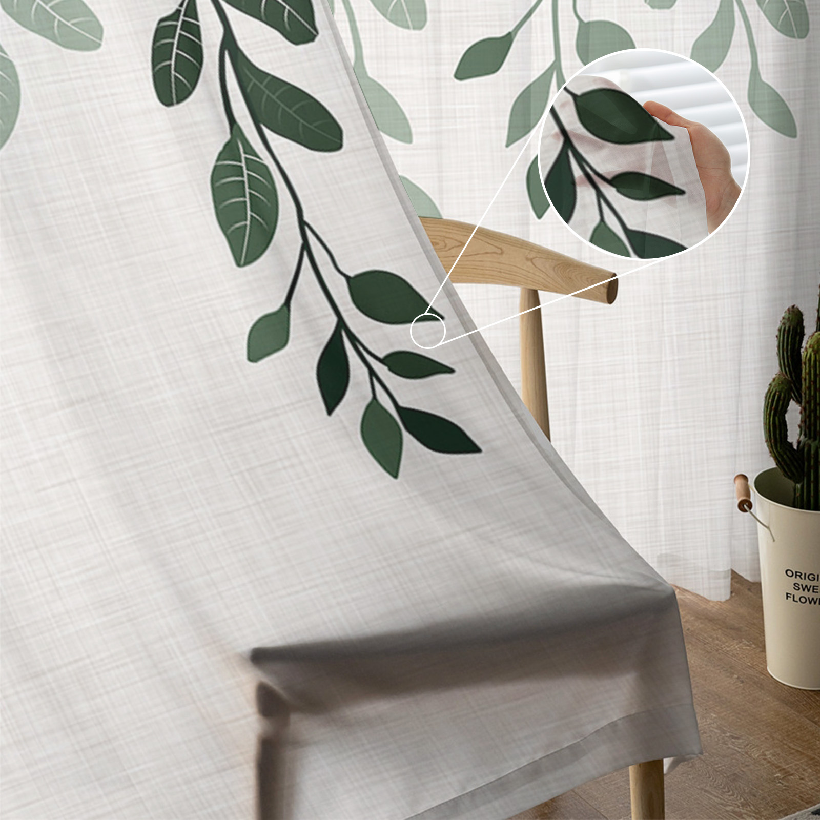 Sheer Curtains 72 inches Long, Plants Gradient Green Leaves Farmhouse Style Linen Texture Light Filtering Sheer Window Curtains Rod Pocket Voile Drapes for Bedroom Living Room, 52"W x 72"L 2 Panels