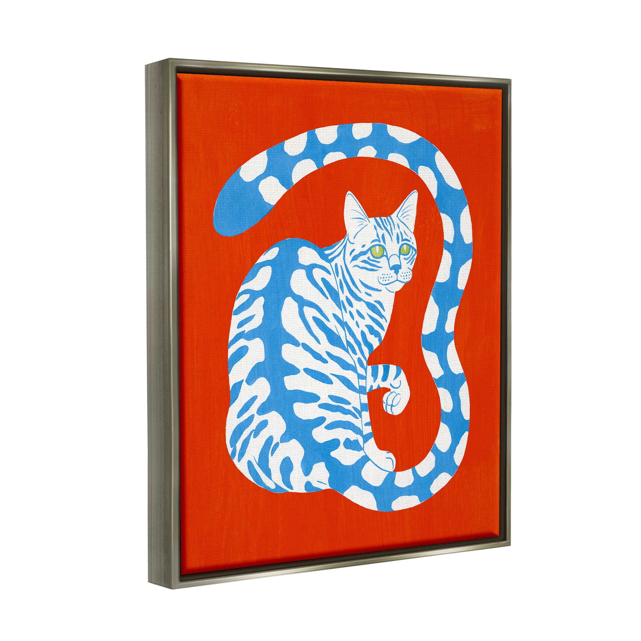 Stupell Industries Bold Blue Striped Curved Cat Tail Graphic Art Luster Gray Floating Framed Canvas Print Wall Art, Design by Grace Popp