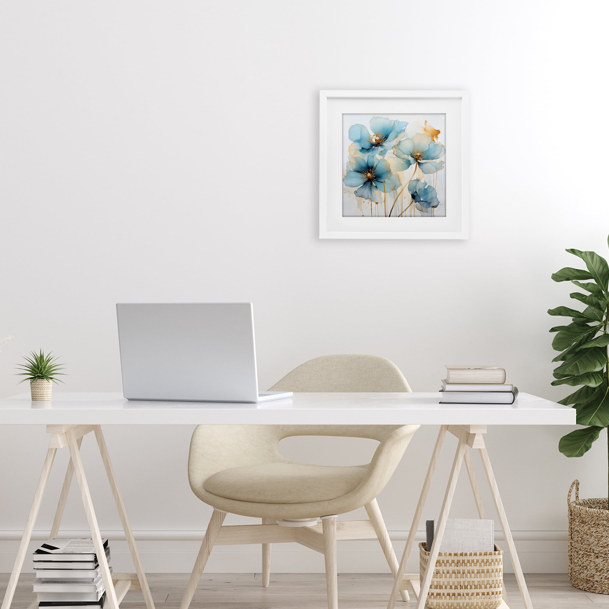 Stupell Industries Sapphire and Gold Florals White Framed Print Under Glass, design by Creative Studio