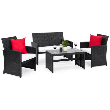 Best Choice Products 4-Piece Wicker Patio Conversation Furniture Set w/ 4 Seats, Tempered Glass Tabletop, 3 Sofas, Table, Weather-Resistant Cushions - (Best Paint For Wicker Furniture)