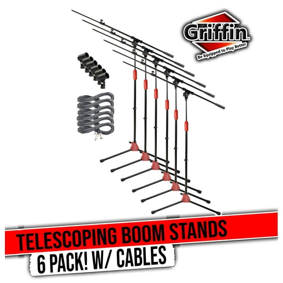Telescoping Microphone Boom Stand with 20FT XLR Mic Cable & Clip (Pack of 6) by Griffin - Tripod Quality for Studio, Karaoke, Live Performances, Conferences, Studio 20 AWG Shielded Wire, 3-Pin