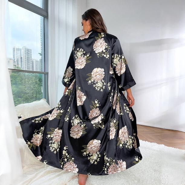 Satin Nightgown for Women Plus Size Silk Floral Kimono Robes Lightweight  Bathrobe Nightdress V-Neck Long Sleepwear Oversized Dressing Gowns  Loungewear for Ladies, Red flower 5XL - Walmart Business Supplies