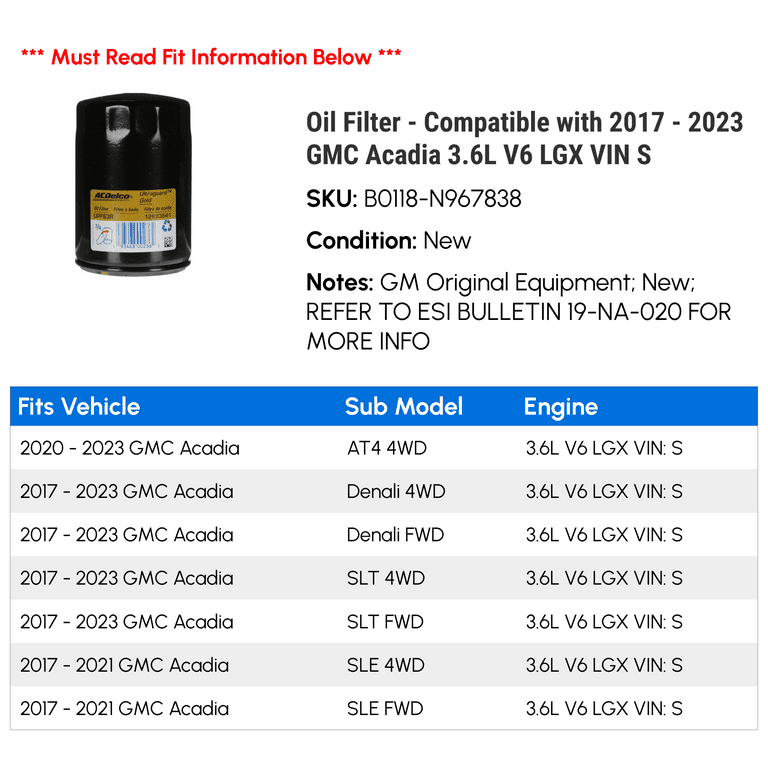 Oil Filter - Compatible with 2017 - 2023 GMC Acadia 3.6L V6 LGX 