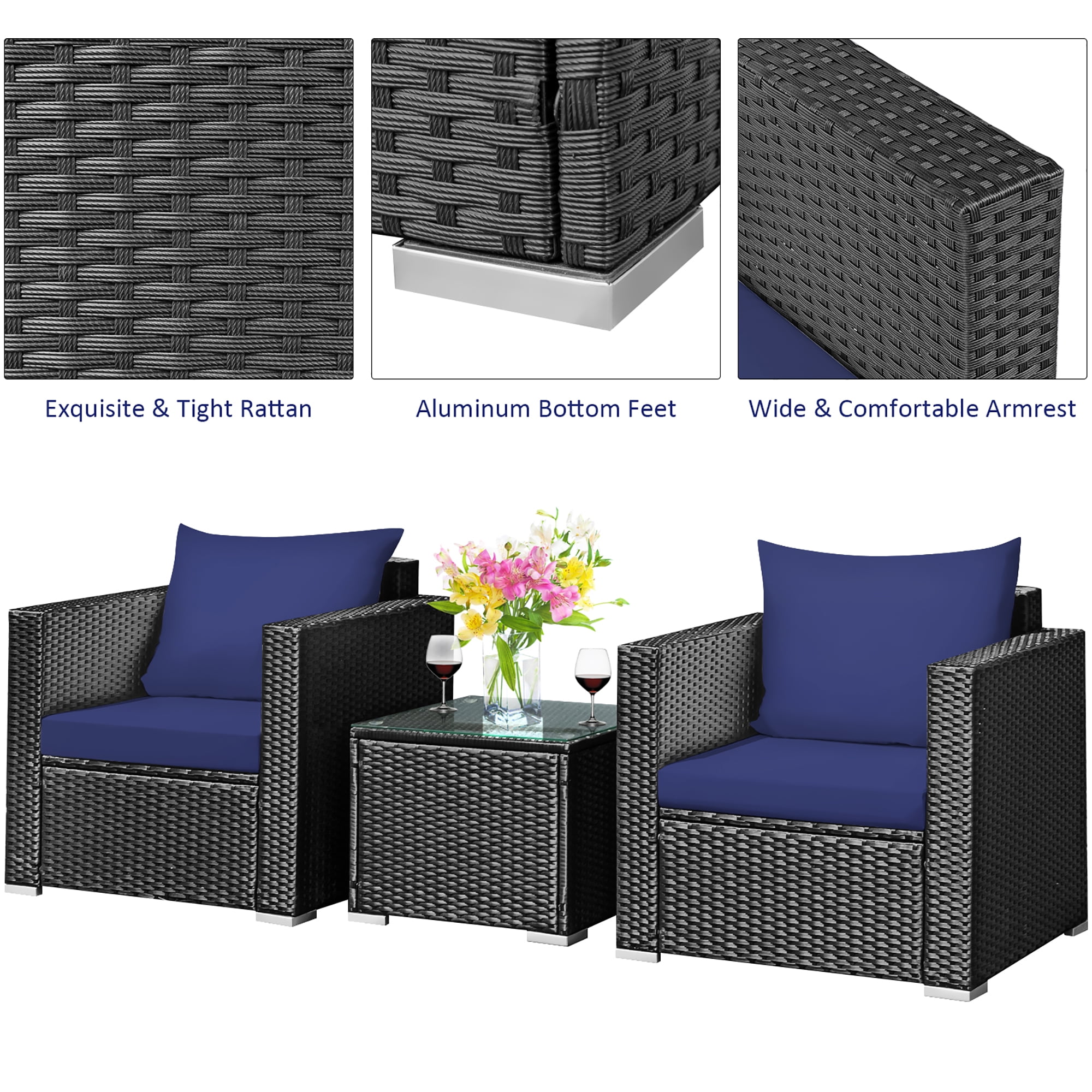 Costway 3PCS Patio Rattan Wicker Furniture Set Sofa Table W/Cushion Yard Navy