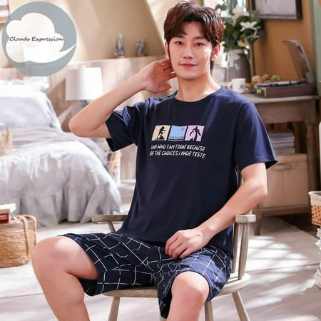 

QWZNDZGR Summer New Knitted Cotton Short Sleeve Men Pajamas Sets Male Pajama Set Letter Pajama For Men Sleepwear Suit Homewear Size XXXXL