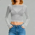 thumbnail image 2 of Lenpel Women's Mesh Crop Tops Long Sleeve Crew Neck Solid Color See Through Slim T Shirts Going out Blouses(Silver,X-Small), 2 of 5