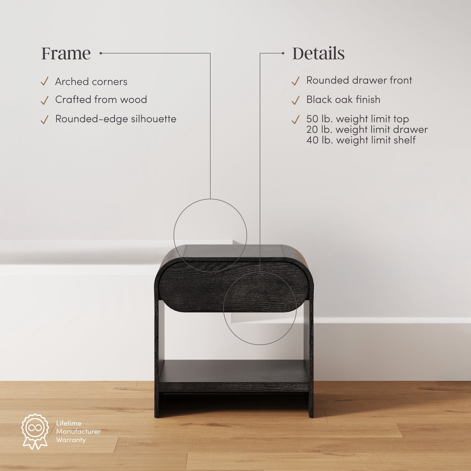 Nathan James Iris Mid-Century Modern Nightstand with Drawer, End Table with Storage for Bedroom or Living Room with Rounded Silhouette, Black Oak