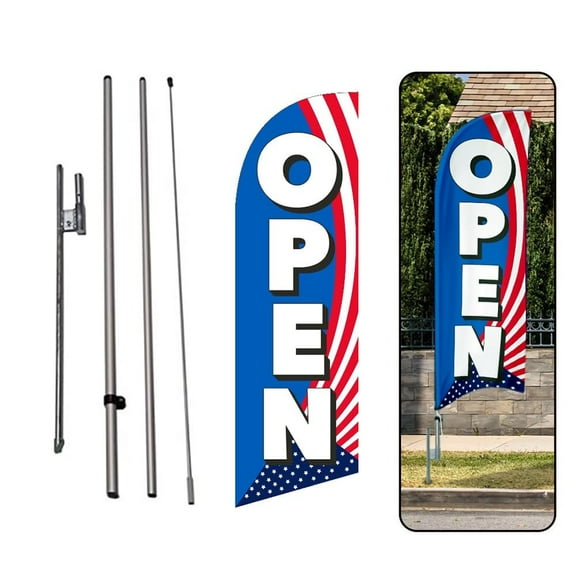 Open blue 6FT patriotic Swooper Feather Flag Advertising Banner with Complete 8FT pole kit and Ground Spike