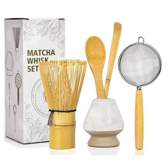 Matcha Whisk Set 5pcs – Bamboo Chasen with Holder,Chashaku Scoop,Spoon,Fine Mesh Sifter – Traditional Japanese Tea Tools for Tea Ceremony,Matcha Making Kit for Tea Lovers