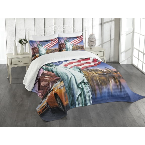 Ambesonne United States Quilted Bedspread Set 3 Pcs, USA Touristic Concept, Queen Size, Multicolor