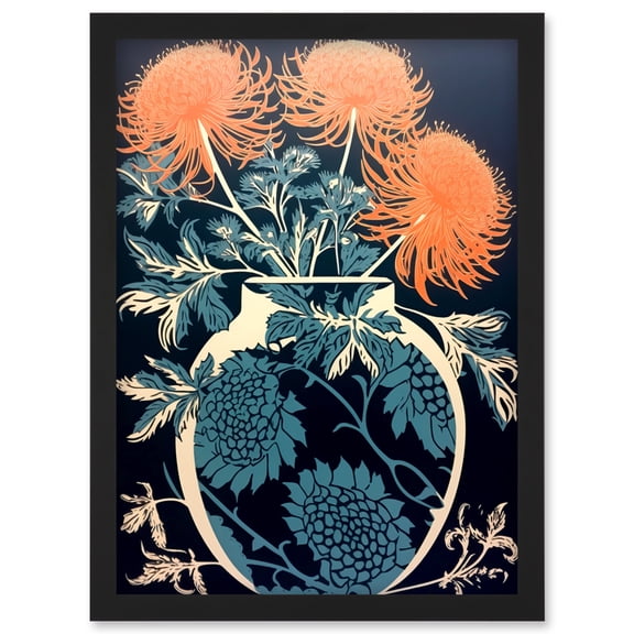 Vase with Flower Blooms and Thistles Floral Linocut Coral Pink Blue Scottish Plant Artwork Framed Wall Art Print A4