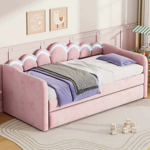 Noble House Twin XL Upholstered Velvet Daybed with LED Light and Pop-Up Height Trundle, Space Saving Design, Pink